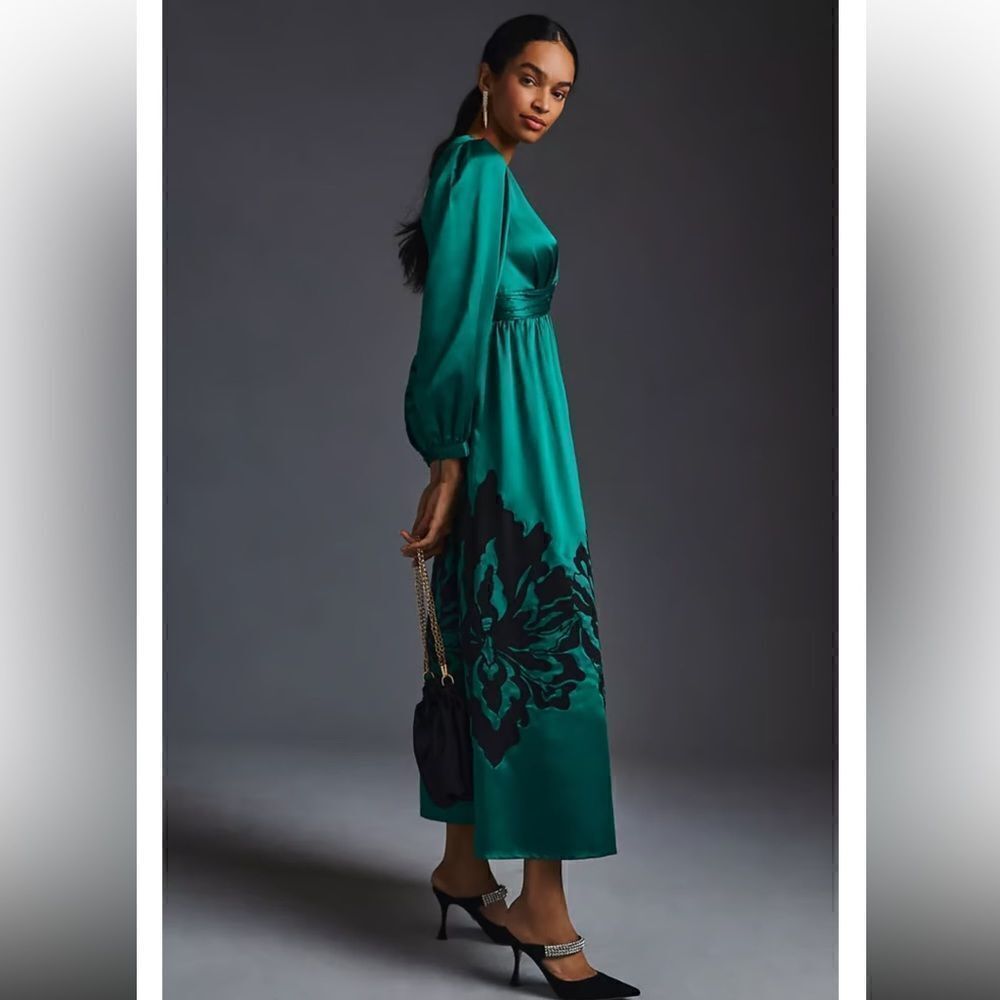 NWT Nikasha Embroidered Satin Dress Emerald Anthropologie XS - Picture 15 of 15